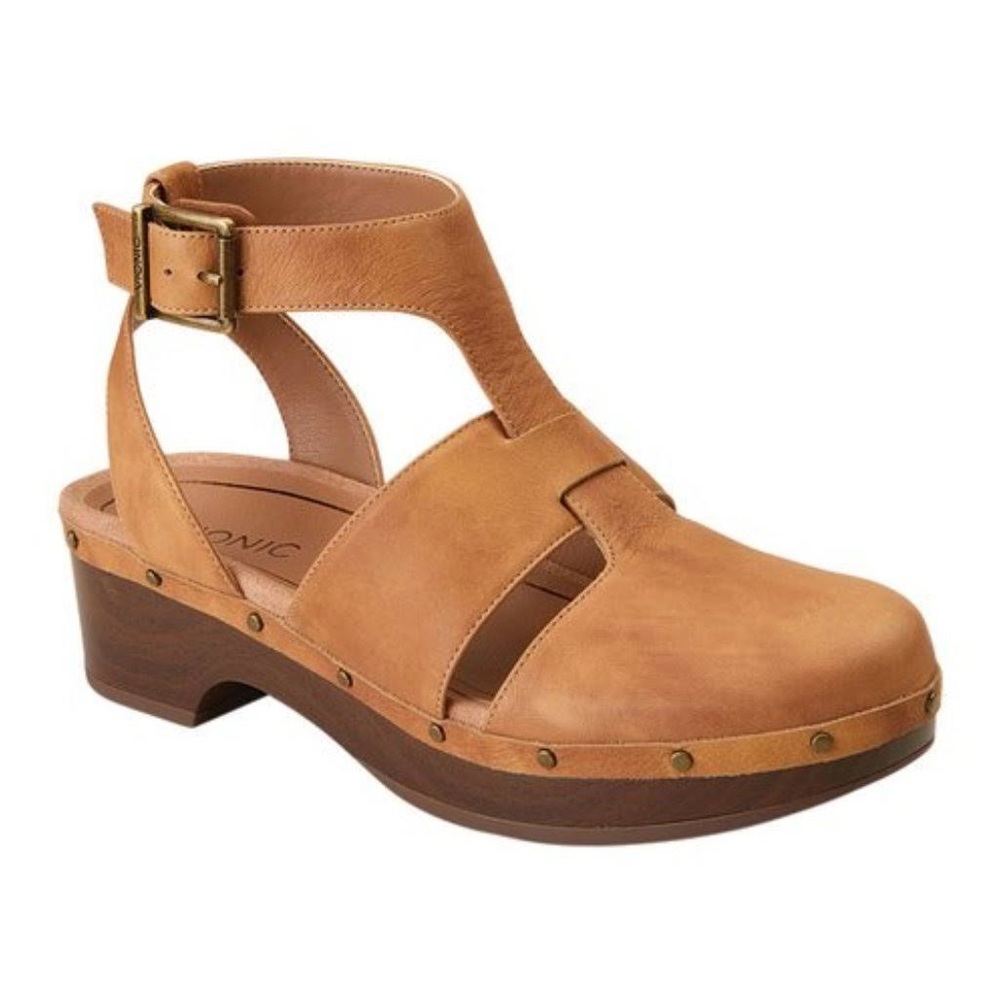 Vionic Faye Tan Leather Clog Sandals